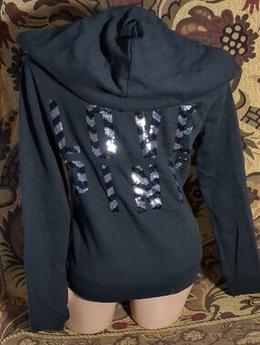 PINK Victoria's Secret Black Zip-Up Hoodie with black and silver sequins